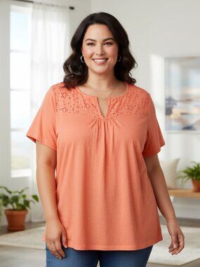Kim Rogers 3X Tee Knit Top Coral Lace Eyelet Short Sleeve Split Neck Women's